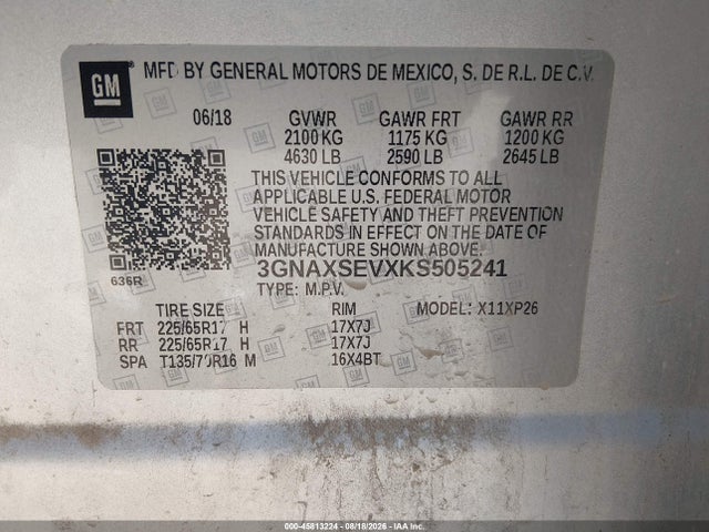 45813224 :رقم المزاد ، 3GNAXSEVXKS505241 vin ، 2019 Chevrolet Equinox Ls مزاد بيع