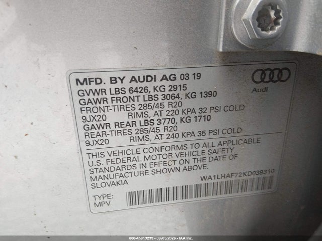 45813233 :رقم المزاد ، WA1LHAF72KD039310 vin ، 2019 Audi Q7 45 Premium/45 Se Premium مزاد بيع
