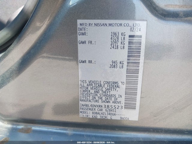 2024 Nissan Altima Sv Fwd მანქანა იყიდება აუქციონზე, vin: 1N4BL4DVXRN385523, აუქციონის ნომერი: 45813234