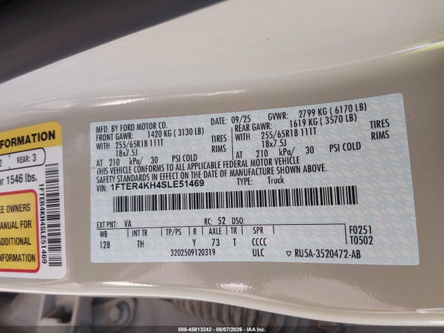 45813242 :رقم المزاد ، 1FTER4KH4SLE51469 vin ، 2025 Ford Ranger Lariat مزاد بيع