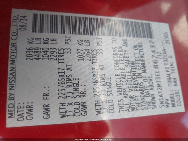 45813243 :رقم المزاد ، 5N1AT2MT3EC867437 vin ، 2014 Nissan Rogue S مزاد بيع