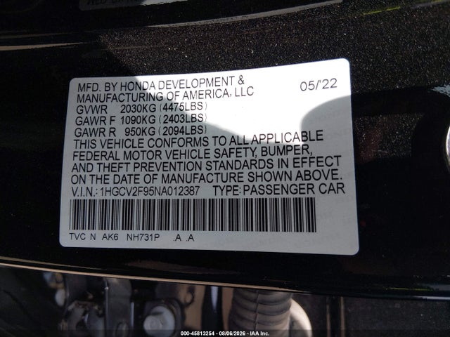 45813254 :رقم المزاد ، 1HGCV2F95NA012387 vin ، 2022 Honda Accord Touring مزاد بيع