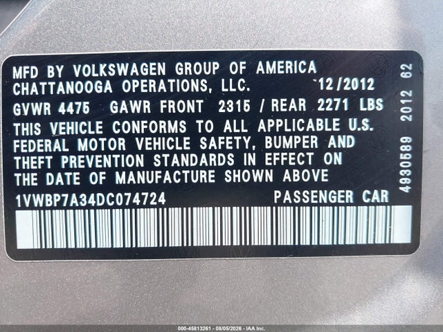 2013 Volkswagen Passat 2.5l Se მანქანა იყიდება აუქციონზე, vin: 1VWBP7A34DC074724, აუქციონის ნომერი: 45813261