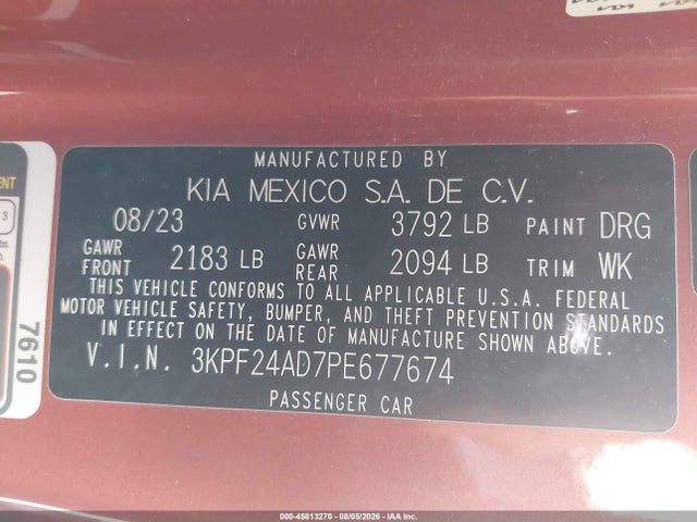 Aukcja sprzedaży 2023 Kia Forte Lxs, vin: 3KPF24AD7PE677674, numer aukcji: 45813270