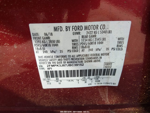45813276 :رقم المزاد ، 2FMPK3J87JBC39152 vin ، 2018 Ford Edge Sel مزاد بيع