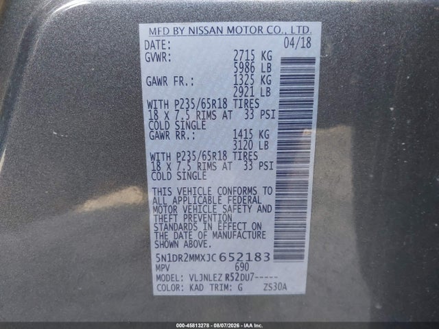 45813278 :رقم المزاد ، 5N1DR2MMXJC652183 vin ، 2018 Nissan Pathfinder Sv مزاد بيع