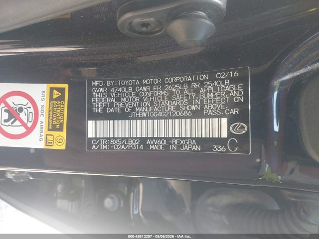 Aukcja sprzedaży 2016 Lexus Es 300h, vin: JTHBW1GG4G2120686, numer aukcji: 45813297