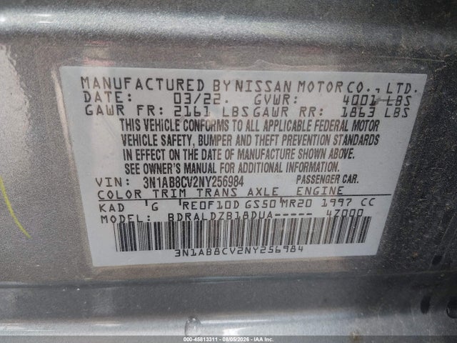 Aukcja sprzedaży 2022 Nissan Sentra Sv Xtronic Cvt, vin: 3N1AB8CV2NY256984, numer aukcji: 45813311