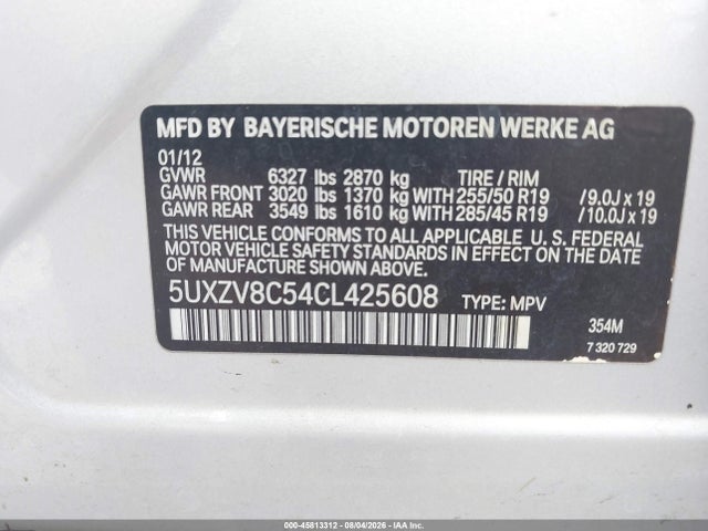 Aukcja sprzedaży 2012 Bmw X5 Xdrive50i, vin: 5UXZV8C54CL425608, numer aukcji: 45813312