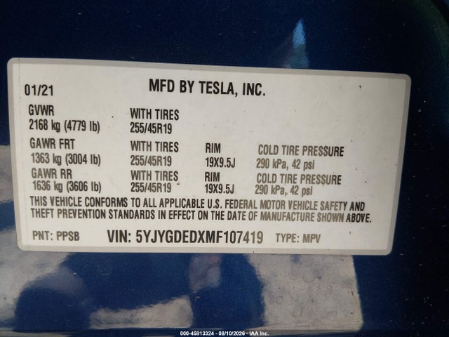 2021 Tesla Model Y Standard Range Rear-wheel Drive მანქანა იყიდება აუქციონზე, vin: 5YJYGDEDXMF107419, აუქციონის ნომერი: 45813324