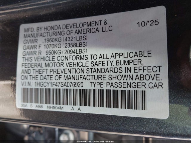 Aukcja sprzedaży 2025 Honda Accord Se, vin: 1HGCY1F47SA076920, numer aukcji: 45813343