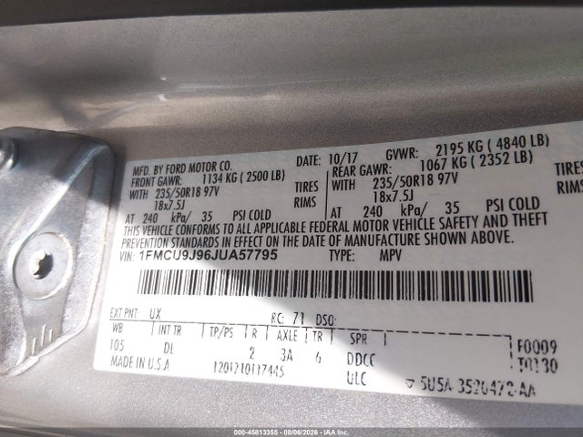 Продажа на аукционе авто 2018 Ford Escape Titanium, vin: 1FMCU9J96JUA57795, номер лота: 45813355