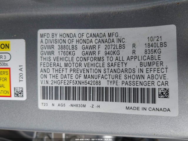 Продажа на аукционе авто 2022 Honda Civic Sport, vin: 2HGFE2F5XNH542088, номер лота: 45813362