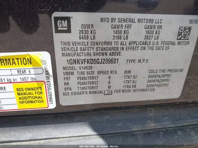 45813365 :رقم المزاد ، 1GNKVFKD5GJ209601 vin ، 2016 Chevrolet Traverse Ls مزاد بيع
