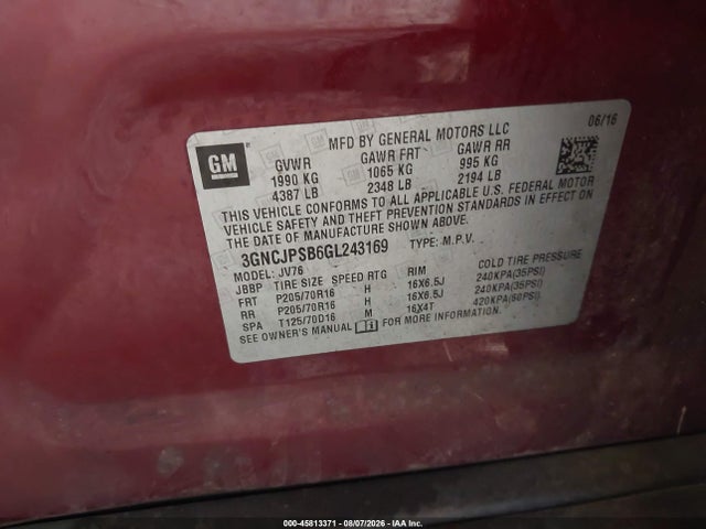 Продажа на аукционе авто 2016 Chevrolet Trax Lt, vin: 3GNCJPSB6GL243169, номер лота: 45813371