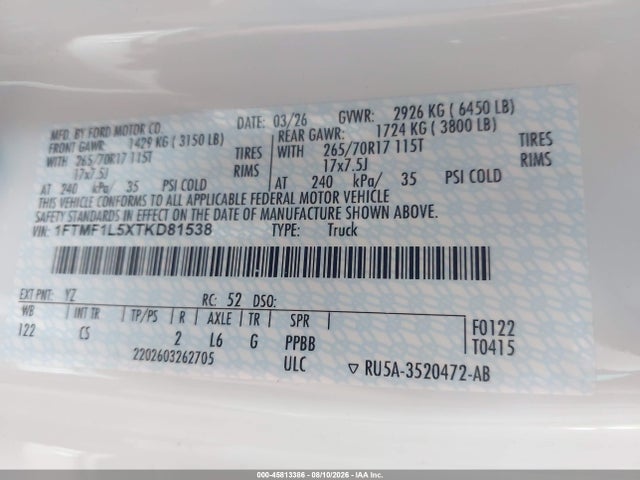 Aukcja sprzedaży 2026 Ford F-150 Xl, vin: 1FTMF1L5XTKD81538, numer aukcji: 45813386