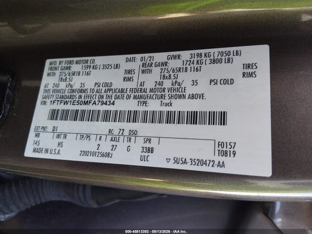 45813392 :رقم المزاد ، 1FTFW1E50MFA79434 vin ، 2021 Ford F-150 Lariat مزاد بيع