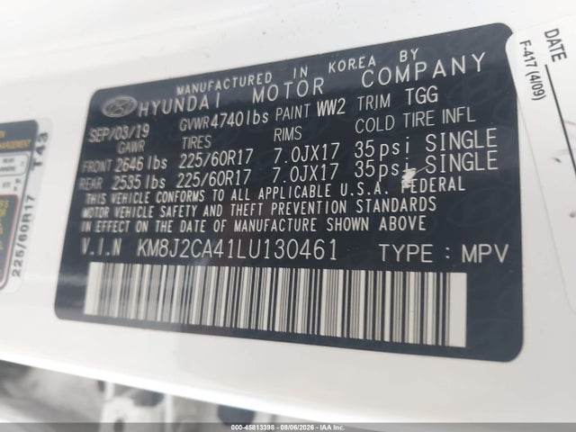 2020 Hyundai Tucson Se მანქანა იყიდება აუქციონზე, vin: KM8J2CA41LU130461, აუქციონის ნომერი: 45813398