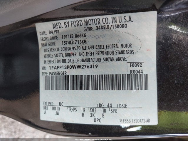 Продажа на аукционе авто 1998 Ford Escort Se, vin: 1FAFP13P0WW276419, номер лота: 45813400