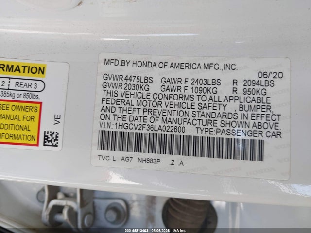 45813403 :رقم المزاد ، 1HGCV2F36LA022600 vin ، 2020 Honda Accord Sport 2.0t مزاد بيع