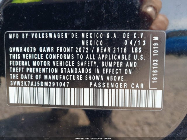 45813432 :رقم المزاد ، 3VW2K7AJ5DM291047 vin ، 2013 Volkswagen Jetta 2.0l S مزاد بيع