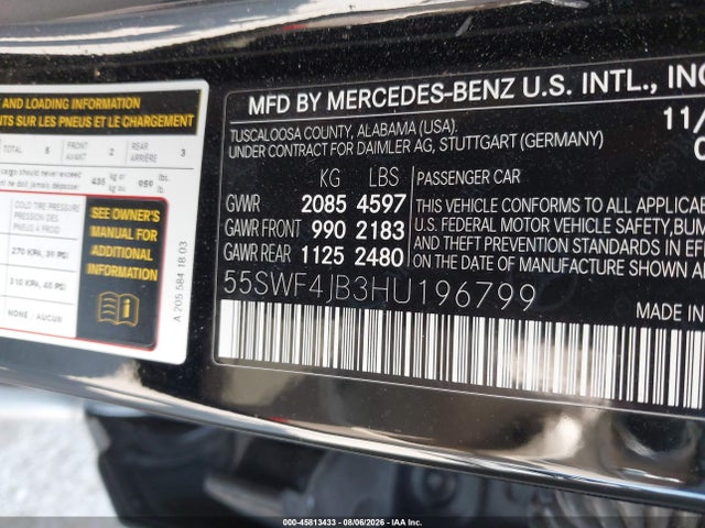 45813433 :رقم المزاد ، 55SWF4JB3HU196799 vin ، 2017 Mercedes-benz C 300 مزاد بيع