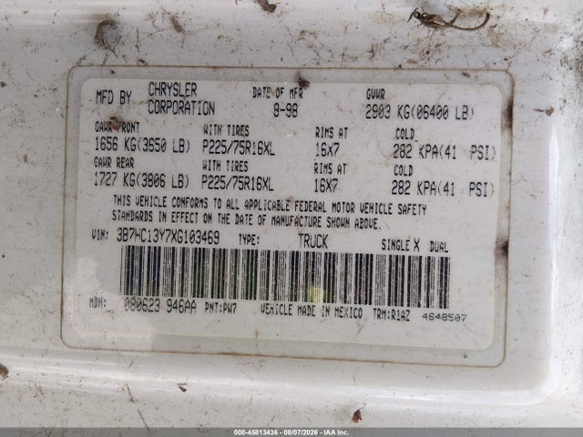 45813436 :رقم المزاد ، 3B7HC13Y7XG103469 vin ، 1999 Dodge Ram 1500 St مزاد بيع