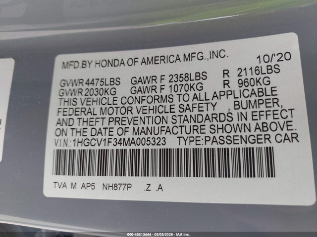 Aukcja sprzedaży 2021 Honda Accord Sport, vin: 1HGCV1F34MA005323, numer aukcji: 45813444