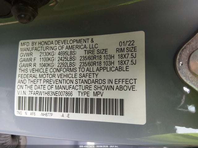 Aukcja sprzedaży 2022 Honda Cr-v 2wd Ex-l, vin: 7FARW1H83NE007866, numer aukcji: 45813474