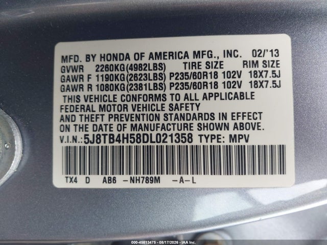 2013 Acura Rdx მანქანა იყიდება აუქციონზე, vin: 5J8TB4H58DL021358, აუქციონის ნომერი: 45813475
