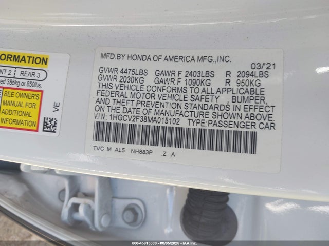 Продаж на аукціоні авто 2021 Honda Accord Sport 2.0t, vin: 1HGCV2F38MA015102, номер лоту: 45813500