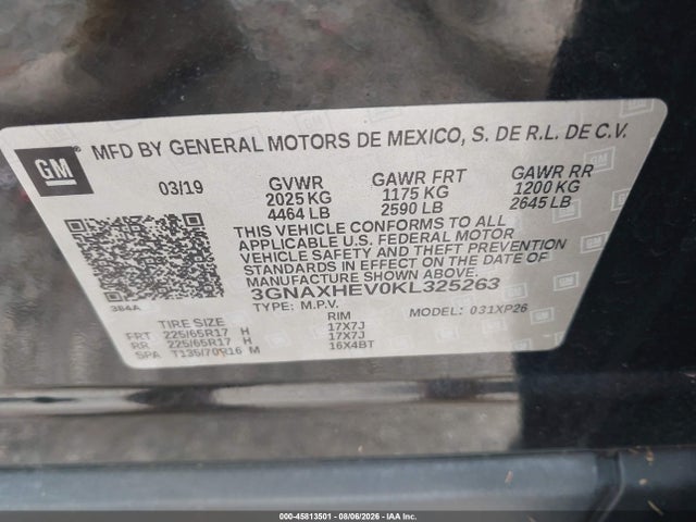 45813501 :رقم المزاد ، 3GNAXHEV0KL325263 vin ، 2019 Chevrolet Equinox Ls مزاد بيع