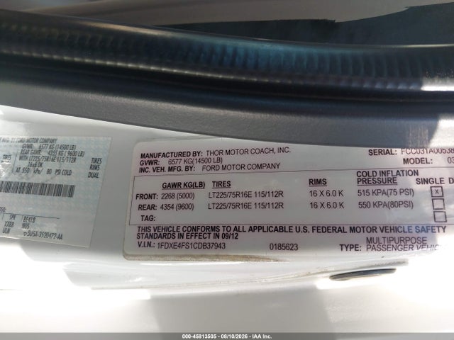 2012 Ford E-450 Cutaway მანქანა იყიდება აუქციონზე, vin: 1FDXE4FS1CDB37943, აუქციონის ნომერი: 45813505