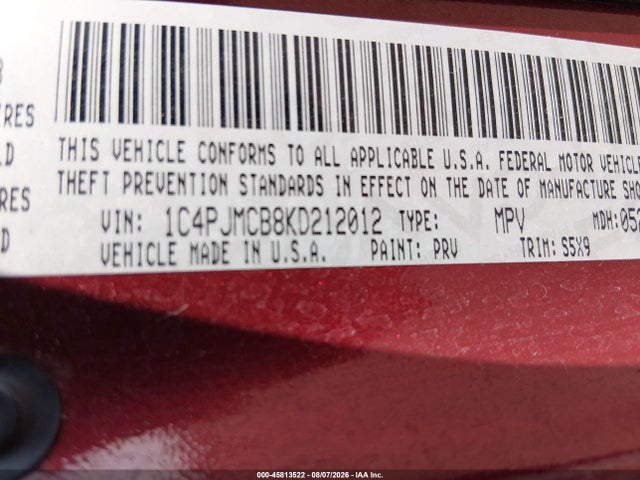 45813522 :رقم المزاد ، 1C4PJMCB8KD212012 vin ، 2019 Jeep Cherokee Latitude 4x4 مزاد بيع