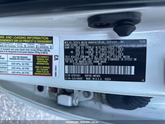 45813526 :رقم المزاد ، 4T3ZK3BB2AU022175 vin ، 2010 Toyota Venza Base V6 مزاد بيع