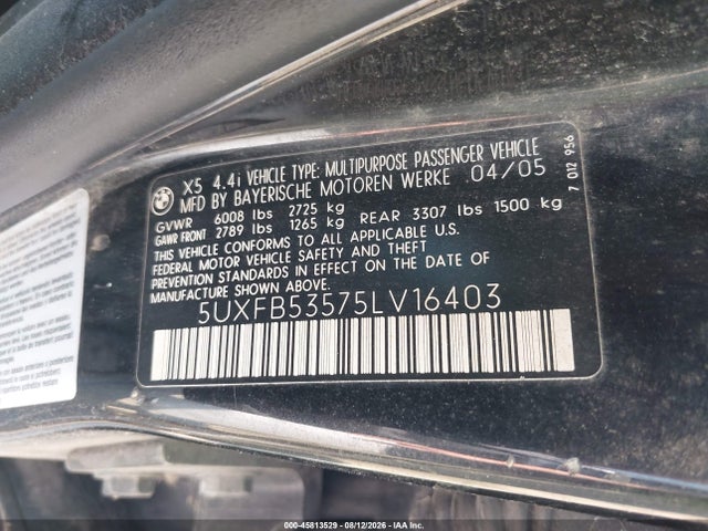 45813529 :رقم المزاد ، 5UXFB53575LV16403 vin ، 2005 Bmw X5 4.4i مزاد بيع