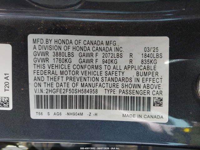 Продаж на аукціоні авто 2025 Honda Civic Sport, vin: 2HGFE2F50SH584958, номер лоту: 45813552