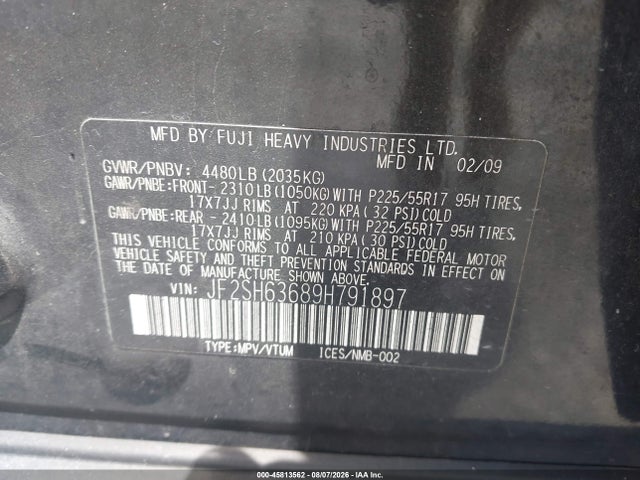 Продажа на аукционе авто 2009 Subaru Forester 2.5x Premium, vin: JF2SH63689H791897, номер лота: 45813562