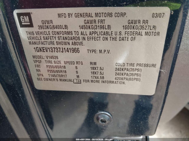 45813564 :رقم المزاد ، 1GKEV13737J141966 vin ، 2007 Gmc Acadia Sle-1 مزاد بيع