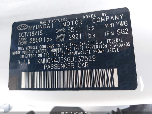 Продаж на аукціоні авто 2016 Hyundai Genesis 3.8, vin: KMHGN4JE3GU137529, номер лоту: 45813570