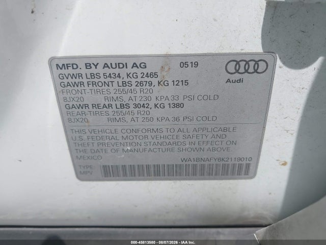2019 Audi Q5 45 Premium მანქანა იყიდება აუქციონზე, vin: WA1BNAFY6K2119010, აუქციონის ნომერი: 45813580