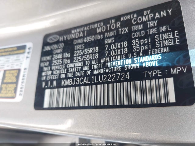 Продажа на аукционе авто 2020 Hyundai Tucson Limited, vin: KM8J3CAL1LU222724, номер лота: 45813587