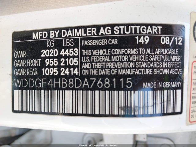 45813602 :رقم المزاد ، WDDGF4HB8DA768115 vin ، 2013 Mercedes-benz C 250 Sport مزاد بيع