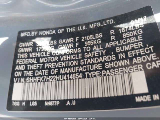 Honda Civic Lx 2017 SHHFK7H22HU414654 Image 9