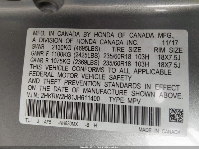 2HKRW2H81JH611400 Honda Cr-v Ex-l/ex-l Navi