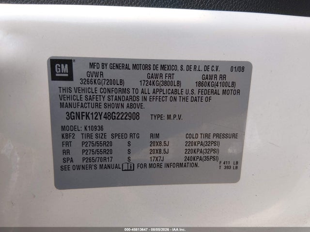 45813647 :رقم المزاد ، 3GNFK12Y48G222908 vin ، 2008 Chevrolet Avalanche 1500 Ltz مزاد بيع