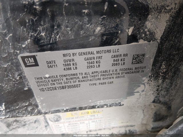 45813665 :رقم المزاد ، 1G1ZC5E15BF355607 vin ، 2011 Chevrolet Malibu 1lt مزاد بيع