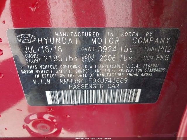KMHD84LF9KU741689 Hyundai ELANTRA SEL