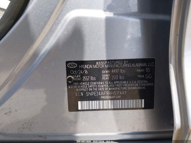 45813690 :رقم المزاد ، 5NPE24AF9HH517449 vin ، 2017 Hyundai Sonata Se مزاد بيع