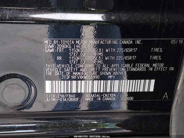 2019 Toyota Rav4 Le მანქანა იყიდება აუქციონზე, vin: 2T3F1RFVXKW055990, აუქციონის ნომერი: 45813703